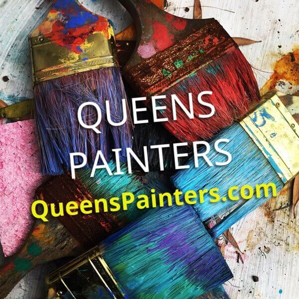 Logo for Queens Painters. Has 5 paint brushes each a different color grouped in a square toucjing one another.